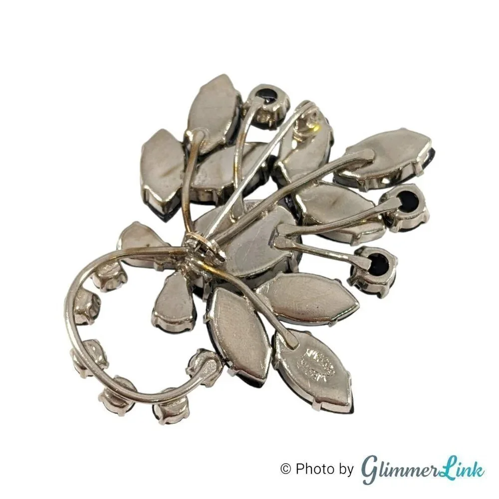 Vintage Western Germany Black Rhinestones Floral Spray Silver Tone Mid Cent